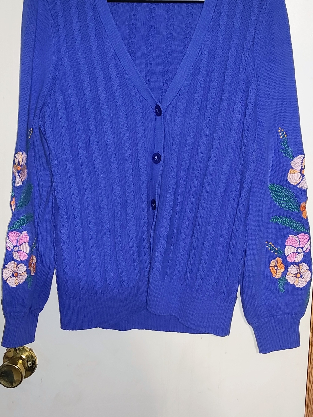 Talbots Royal Blue Cable Knit Cardigan with Floral Sleeve Embroidery